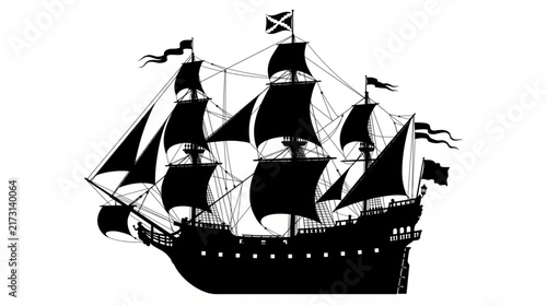 Vintage sailing ship or pirate galleon black silhouette vector illustration