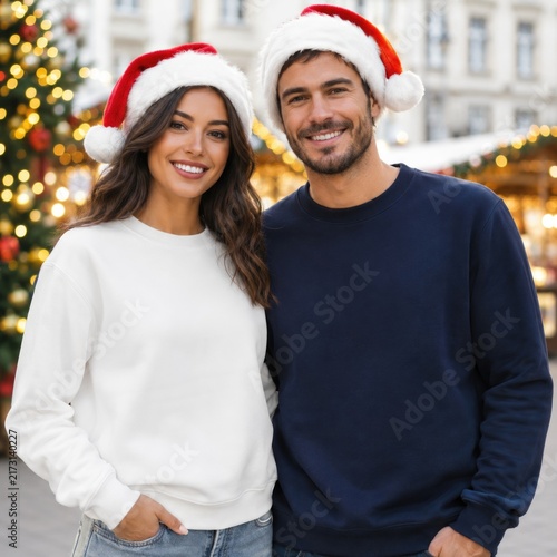 Cheerful couple in Christmas hats enjoying festive atmosphere at a holiday market, radiating joy and warmth.