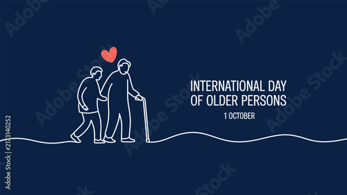 International Day of Older Persons banner, continuous line art of elderly couple with heart, senior citizens day vector illustration