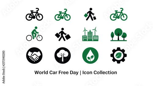 World Car Free Day icon collection, 12 green and black eco-friendly symbols, sustainable transportation and environment vector set