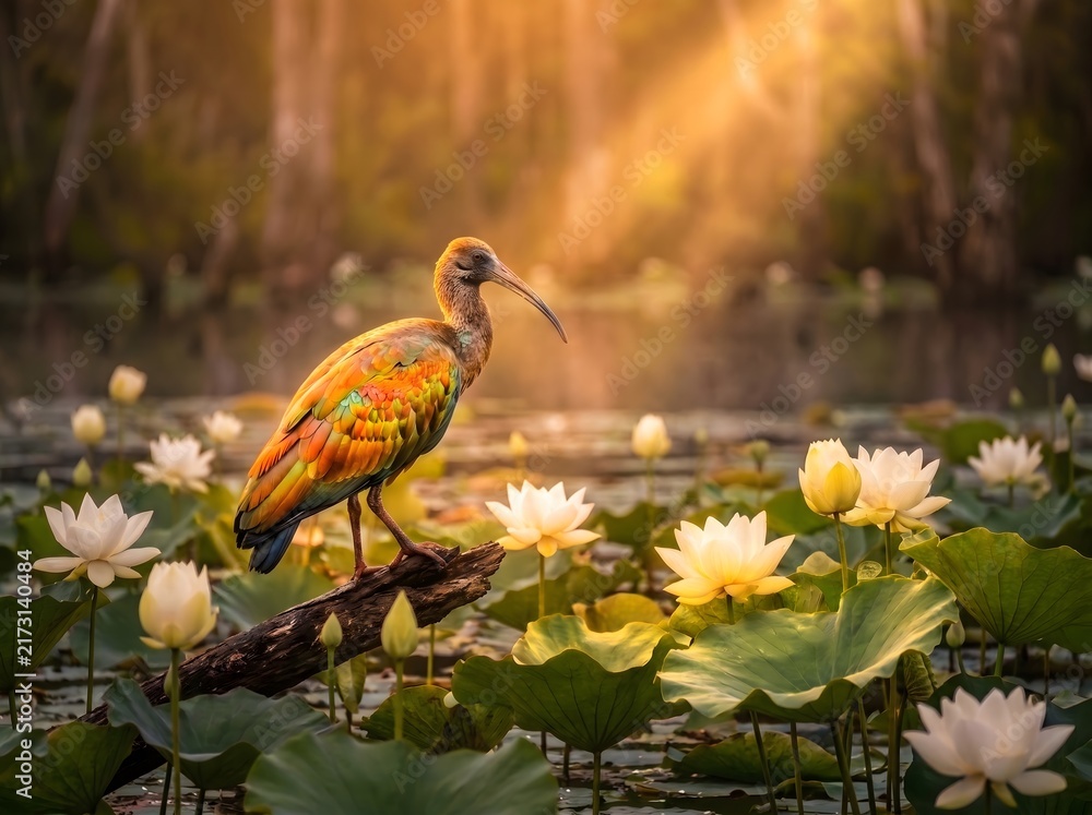 Naklejka premium Giant Ibis. the species is critically endangered, mainly because of habitat loss, wetland degradation, hunting, disturbance, and declining food resources.