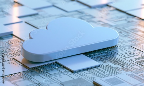 Cloud computing symbol resting on top of a digital circuit board background