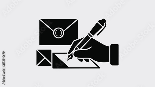 Vintage fountain pen writing a letter, hand holding pen with envelopes, black and white ink correspondence vector icon