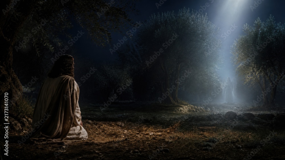 Naklejka premium Jesus praying in garden of Gethsemane at night. Man kneeling under olive tree with angel in divine light. Biblical scene of prayer, agony and faith. Christian and Easter concept.