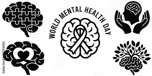 World Mental Health Day vector icons, brain awareness symbols set, psychology and wellness silhouette graphics for healthcare