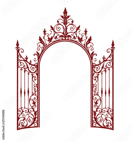 Ornate Wrought Iron Gate with Arched Frame and Baroque Scrollwork on White Background