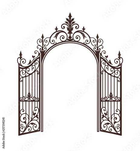 Ornate Wrought Iron Gate with Arched Frame and Baroque Scrollwork on White Background