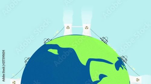 rotating planet earth with nuclear power plan and electricity grid. Global clean energy