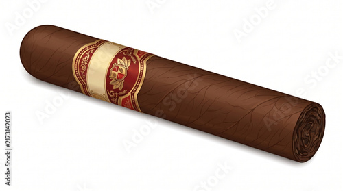 Obraz na płótnie Realistic brown Churchill cigar with elegant red and gold band isolated on white