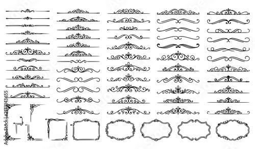 Vintage Calligraphic Border and Ornamental Divider Mega Vector Set with Victorian Flourish Accents, Corner Elements, and Elegant Labels for Invitation and Certificate Designs