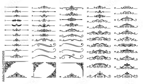 Ornate Calligraphic Divider and Vintage Text Accent Mega Vector Set with Victorian Flourish Corners, Swirl Separators, and Baroque Borders for Invitation Designs