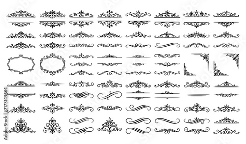 Mega Vintage Calligraphic Divider and Ornamental Border Vector Set Featuring Victorian Swirl Flourishes Decorative Corners and Baroque Elements for Luxury Branding Designs