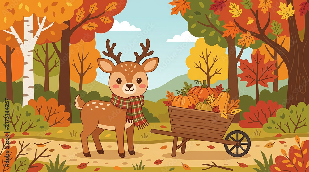 Naklejka premium Cute deer with antlers wearing a scarf next to a wheelbarrow filled