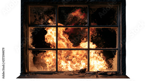 Window fire effect with highly detailed realistic flames and cinematic glow, isolated PNG on transparent background