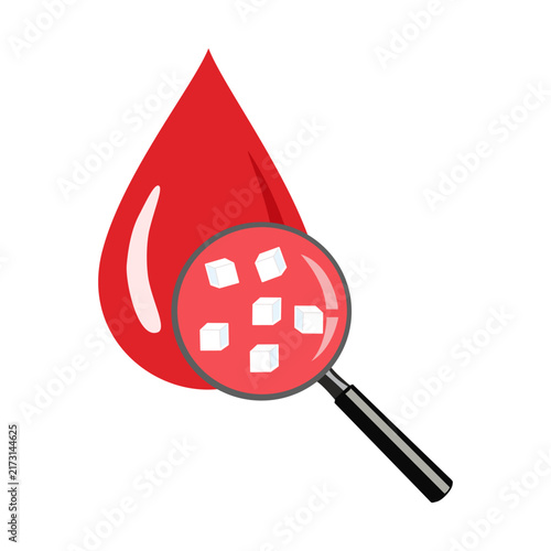 Drop of blood under a magnifying glass with sugar crystals inside. Concept of diabetes, blood testing, glucose monitoring, metabolic disorders and medical
