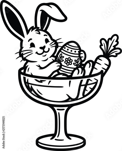 Cute easter bunny sitting in a glass bowl holding a decorated egg with a carrot line art illustration.