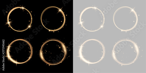 Bright golden halo glows around a circular outline. Fine particles shimmer in the light. Transparent PNG creates a festive premium effect.

