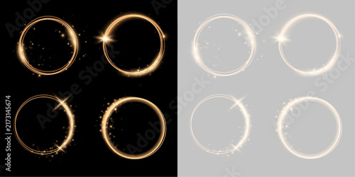 Fiery golden ring glows around an empty center. Sparkling trails enhance the circular motion. Transparent PNG creates a dramatic frame.

