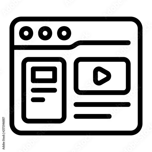 Minimalist web browser line icon featuring a video play button and digital content layout