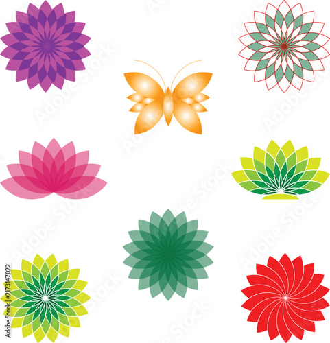 Colorful flowers and a butterfly set for spring design