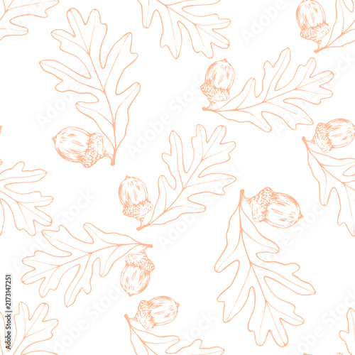 Oak leaves and acorns vector seamless pattern featuring delicate peach orange...