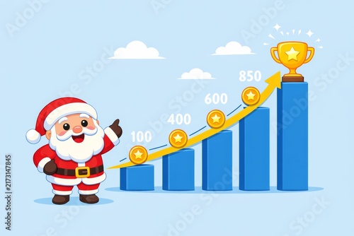 Christmas santa with rising bar chart and trophy showing growth and success for festive business banner and presentation