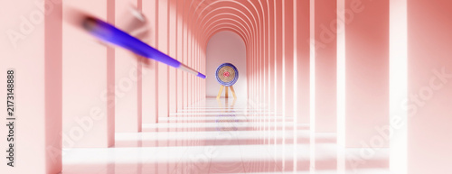 Arrow flying towards target in surreal pink architectural corridor showing aim