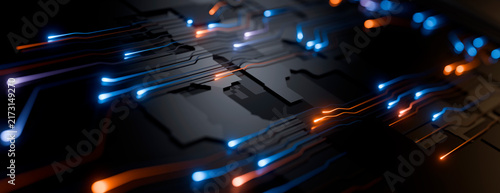 Obraz na plátně Abstract digital circuit board with glowing blue and orange light trails