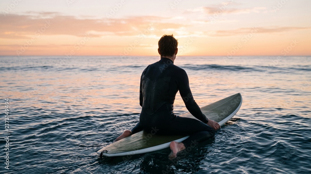 Fototapeta premium Surfer in wetsuit sits on surfboard in calm ocean water watching sunset over the horizon