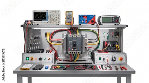 Professional electrical engineering lab bench equipped with advanced measurement instruments and circuit breakers for testing, research, and development in a technical or educational environment