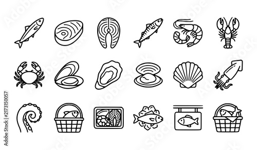 SEO Title:
Seafood Fish Shellfish Lobster Shrimp Crab and Marine Food Outline Icons
