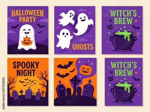 Set of cute halloween posters with ghosts pumpkins witch brew cauldron bats and spooky graveyard scenes for holiday party invitations
