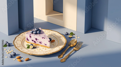 Vegan Blueberry Cheesecake Slice on Vintage Ornate Plate with Gold Cutlery. Architectural Modern Background with Dusty Blue Pedestals and Copy Space.