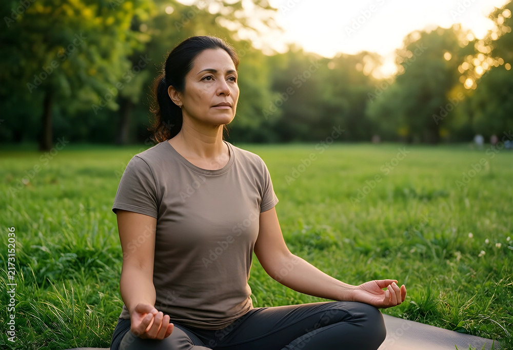 Fototapeta premium Mindfulness and mental health, mature woman practicing meditation in a park at sunset for stress relief and emotional balance in a natural environment