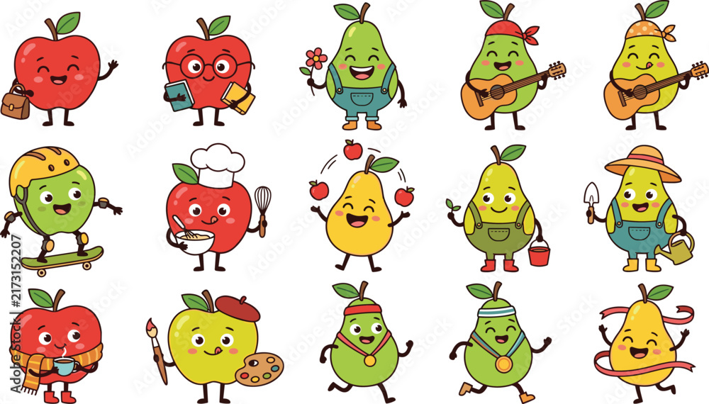 Obraz premium Cute Apple and Pear Fruit Cartoon Character Vector Set with Fun Activities Jobs Hobbies and Sports Expressions