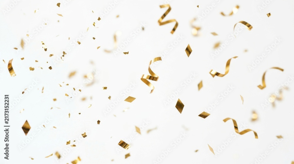 Fototapeta premium Gold confetti and metallic streamers falling with new year