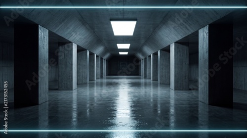Dark underground industrial corridor featuring highly reflective wet floor surface