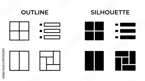 Fotografie Outline vs Silhouette Icons: A comparative visual displaying distinct graphical representations of interface elements
