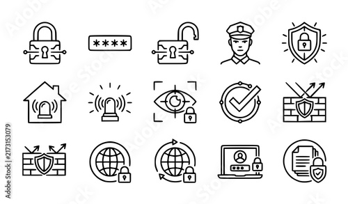 Digital Security and Password Protection Linear Icon Set with Cyber Lock, Shield, Firewall, Eye Access, Home Security, Laptop Login, and Verification