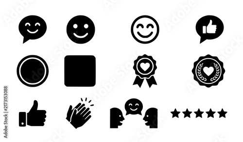 Quality Happy Face and Smile Chat Icon Collection with Speech Bubbles, Flat Circle and Square Buttons, Thank You Ribbon, Gratitude, and Feedback