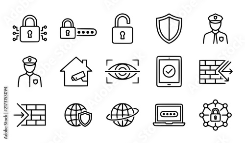 Quality Cybersecurity and Electronic Protection Linear Icon Collection Featuring Password Lock, Eye Authentication, Firewall, Shield, Laptop Security, and Internet Defense