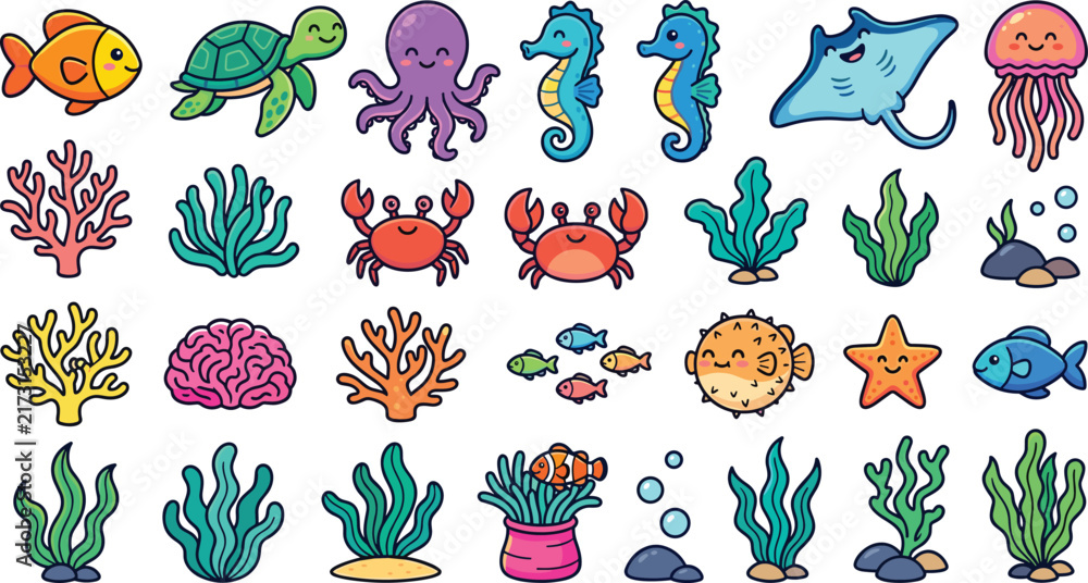 Obraz premium Cute Underwater Sea Animals Vector Clip Art Set with Cartoon Octopus Turtle Stingray Pufferfish Crab and Coral Reef