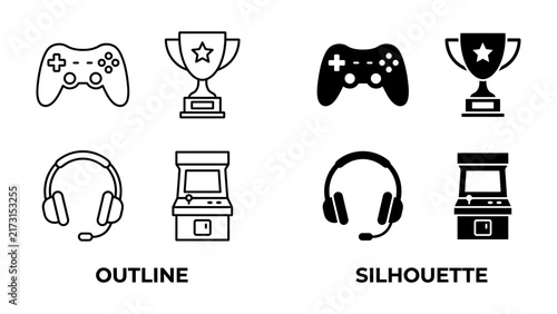 Gaming Icons: A collection of outline and silhouette icons representing video game controllers, trophies, headphones, and arcade machines, symbolizing the world of digital entertainment.