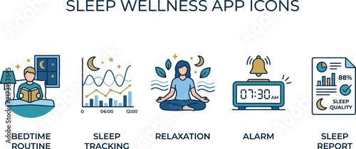 Sleep wellness application icons display various features for tracking.