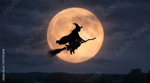 Witch Silhouette Flying Across Massive Orange Harvest Moon