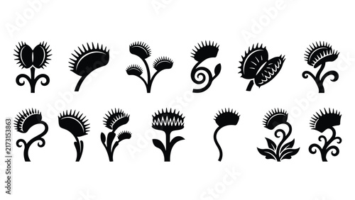 Collection of stylized black venus flytrap icons in diverse poses and forms
