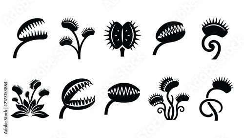 Set of black venus flytrap icons showing various stages of carnivorous plant traps