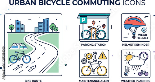 Urban bicycle commuting icons display infrastructure, safety, and planning.