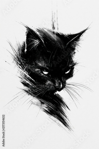 High Contrast Black and White Sketch of a Black Cat