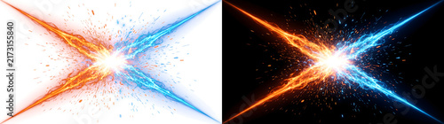 Fire and ice energy beam collision with explosive spark impact perfect for versus battle designs in PNG, Transparent and Black Background Versions